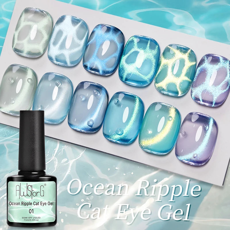 AWStorG 7.5ml Ocean Ripple Cat Eye Gel Kit Shiny Blue Green Glitter Cat Magnetic Gel Nail Polish Soak Off UV Nail Art Varnish