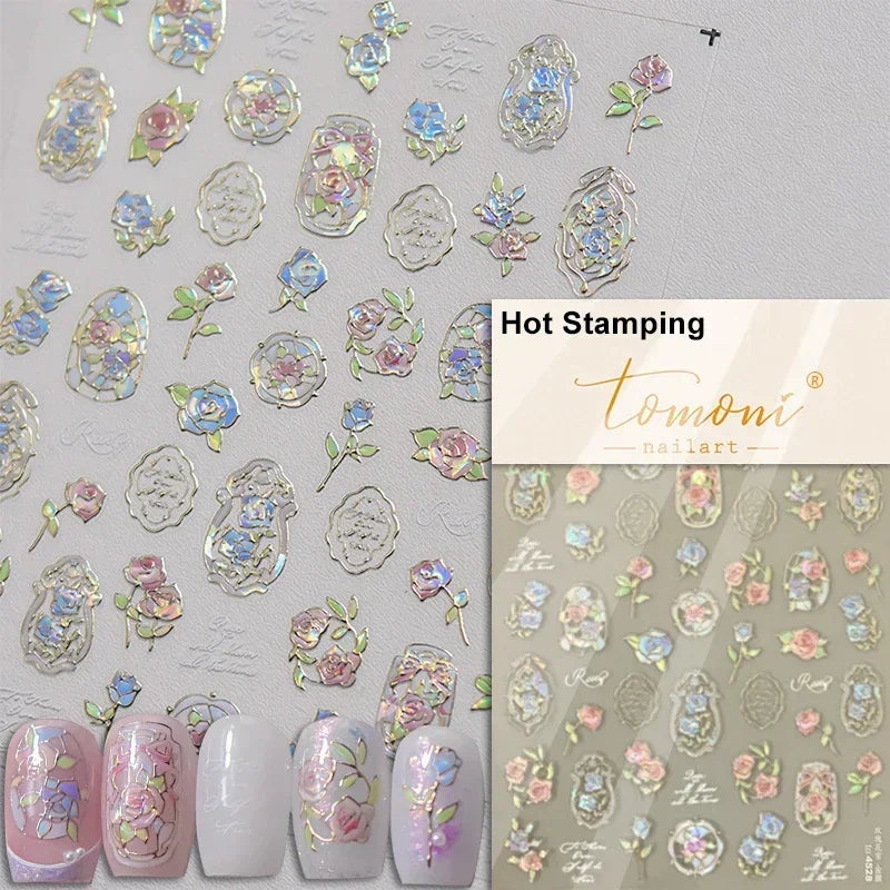 Yellow Autumn Osmanthus Flower Chrysanthemum Butterfly 5D Nail Art Sticker Chinese Character Vase Relief Adhesive Manicure Decal