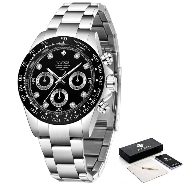 WWOOR 2024 New Mens Watches Top Brand Quartz Japanese Chronograph Stopwatch Waterproof Stainless Wristwatches Relogio Masculino