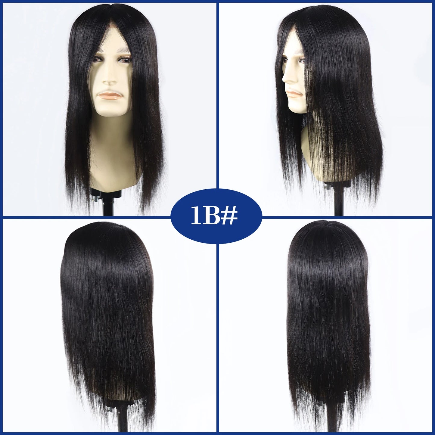 Black Human Hair Man Toupee Lace Pu Base Toupee For Men 16" Long Straight Human Hair Mens Wigs Replacement Systems Hair Piece