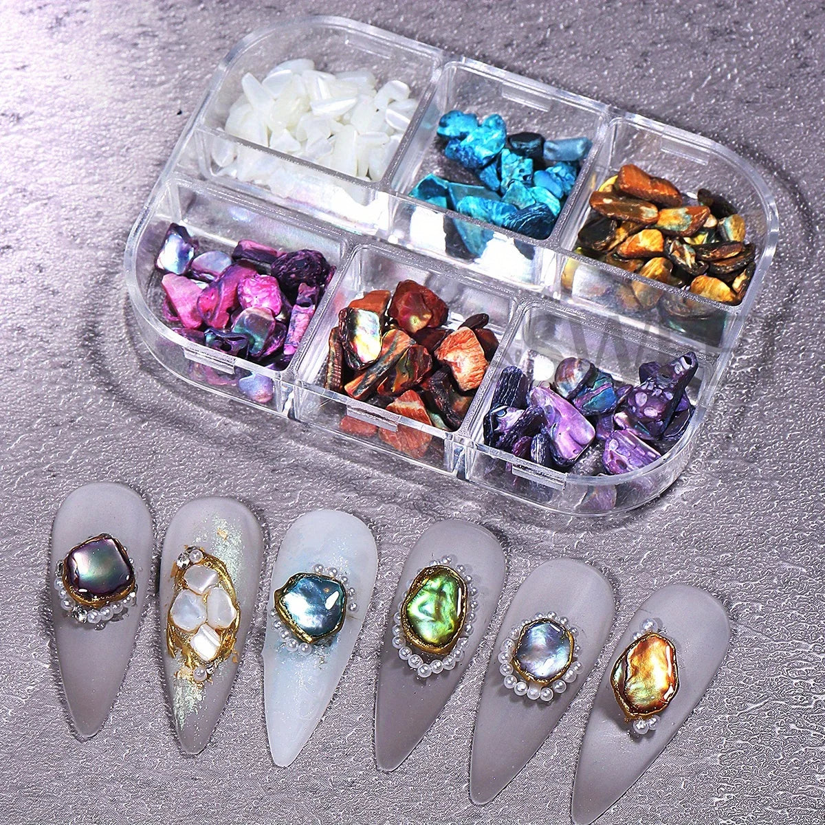 6Grids Natural Abalone Stone Nail Decoration Aurora Shell Pearl Effect Irregular Gemstone Luxury Retro Style Jewelry Accessories