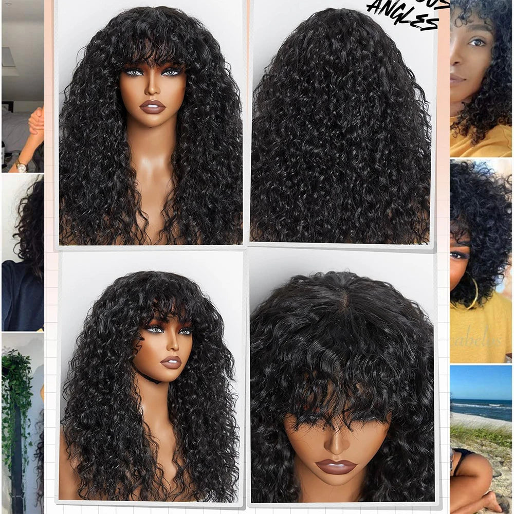 Curly Human Hair Wigs with Bangs Water wave Wig Brazilian Unprocessed Virgin Hair Machine Made Curly Human Wigs 150% Density