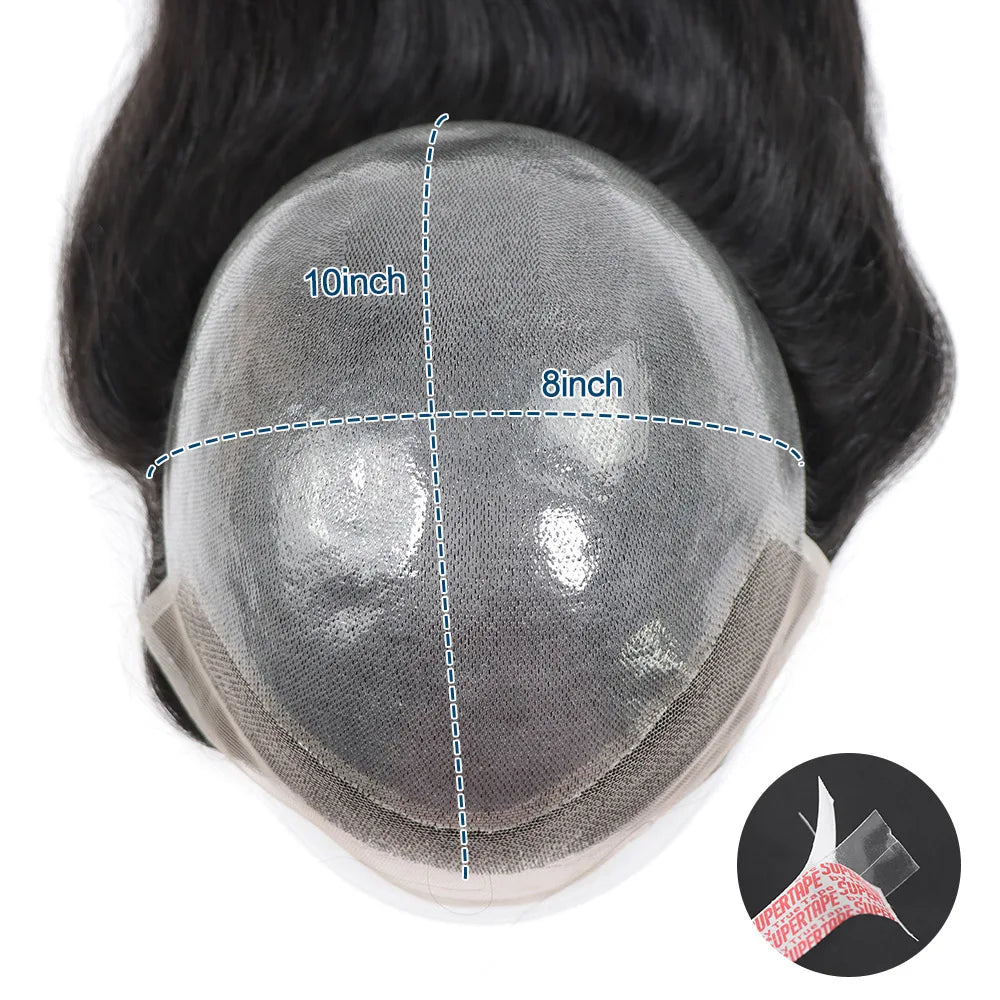 12Inch Long Hair Prosthesis Lace Front PU Toupee for Men Human Hair Natural Hairline Man's Wig Replacement System Black Brown