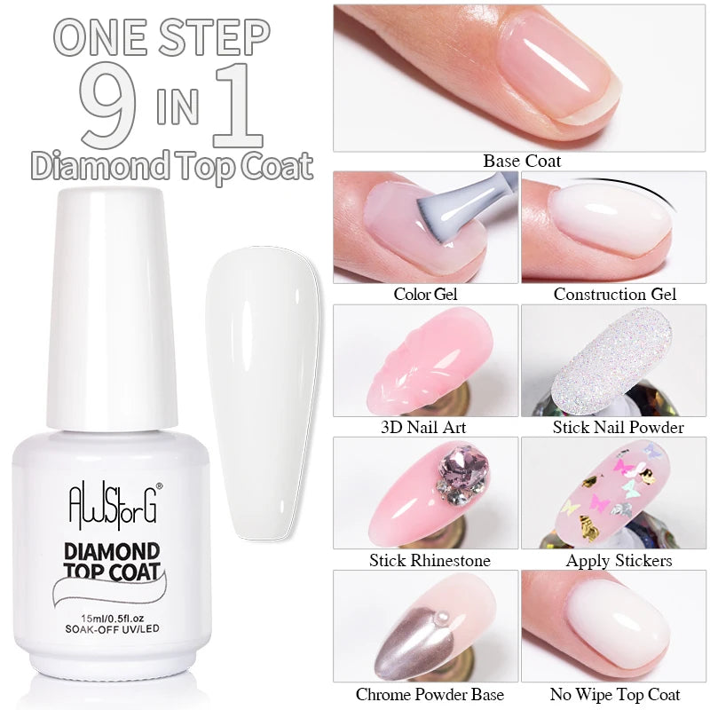 NEW Stain Resistant Gel Top Coat Gel Nail Polish UV Diamond Topcoat No Wipe Sealer Gel Finish Manicure Nail Art Salon Quality
