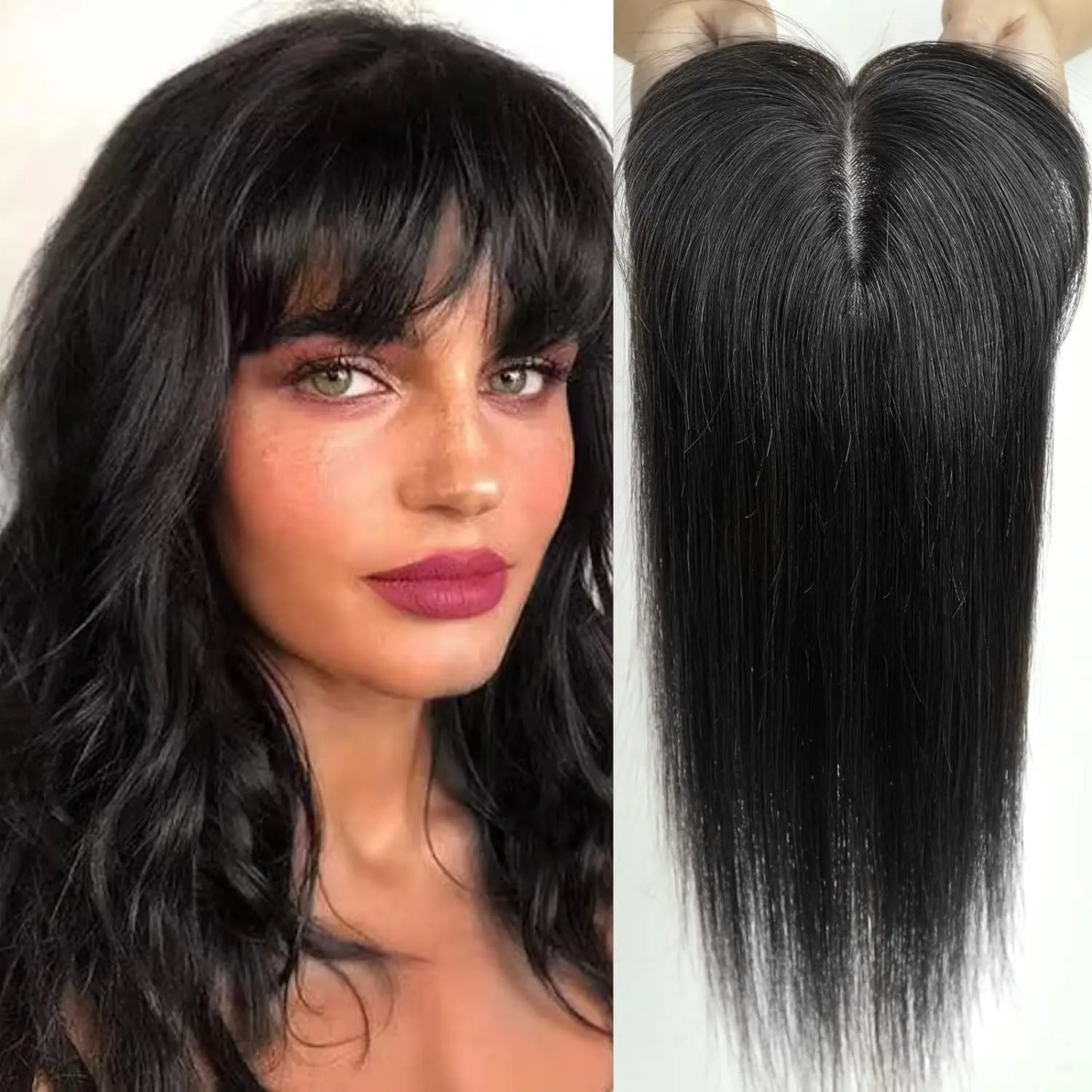 100% Remy Human Hair Toppers for Women Straight Brown Ombre 10inch Human Hair Topper with Bangs Silk Base Clip in Hair Extension