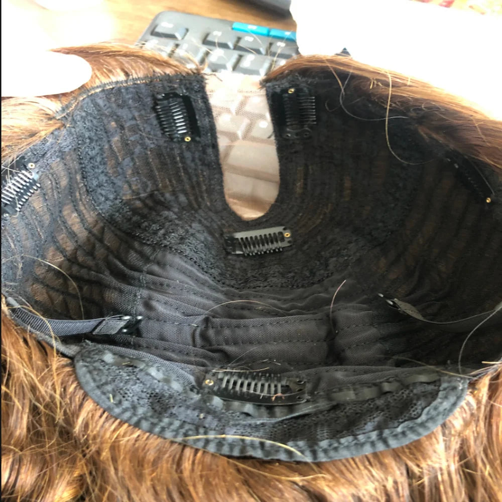 Natural Human Hair V Part Wig for Black Women Adjustable Honey Brown Balayage Loose Wave1*4Size U Part Wigs with Clips Easy Wear