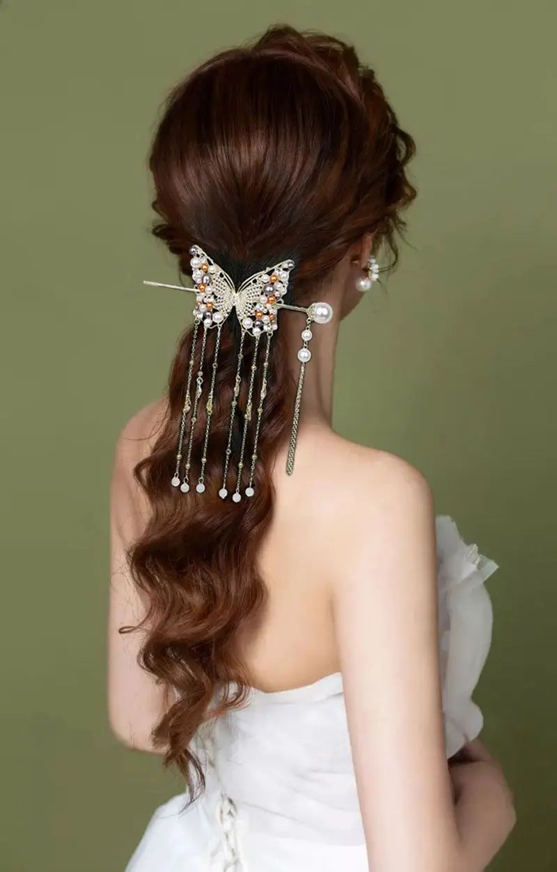 Luxury Pearl Butterfly Hairpin - Colored Alloy Hair Clip with Tassels