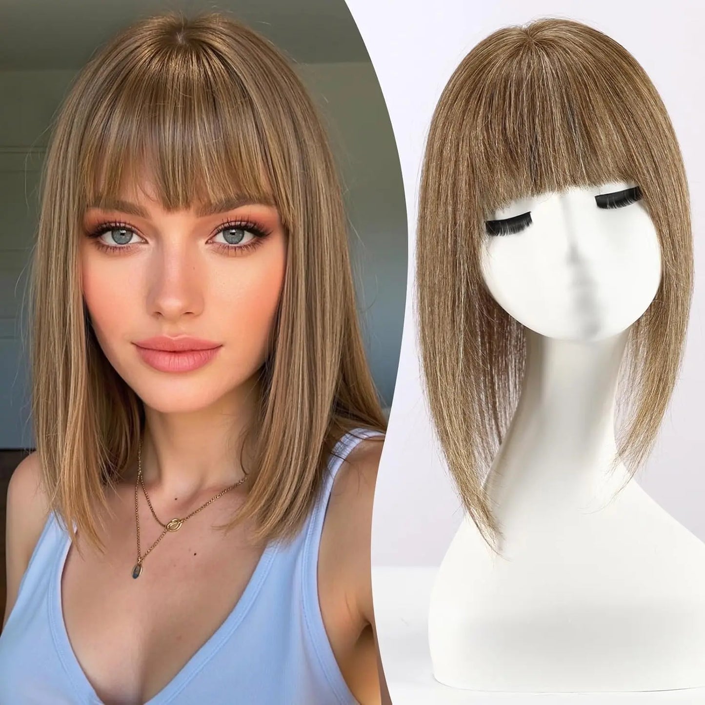 Brown Mixed Blonde Human Hair Topper with Bangs Natural Silk Straight Clip in Hair Extensions for Women with Thinning Hair 12 In