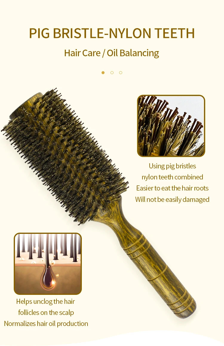 Professional High Quality 63 mm Boar Bristle Hair Wood Round Brush Long Hair Styling Comb Curly And Straight Hairdressing Comb