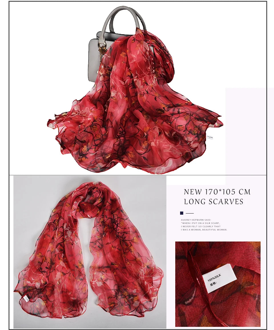 [BYSIFA] Red Black Women Long Silk Scarf Printed 170*105cm Fashion Leaves Pattern Brand 100% Pure Silk Shawl For Spring Autumn