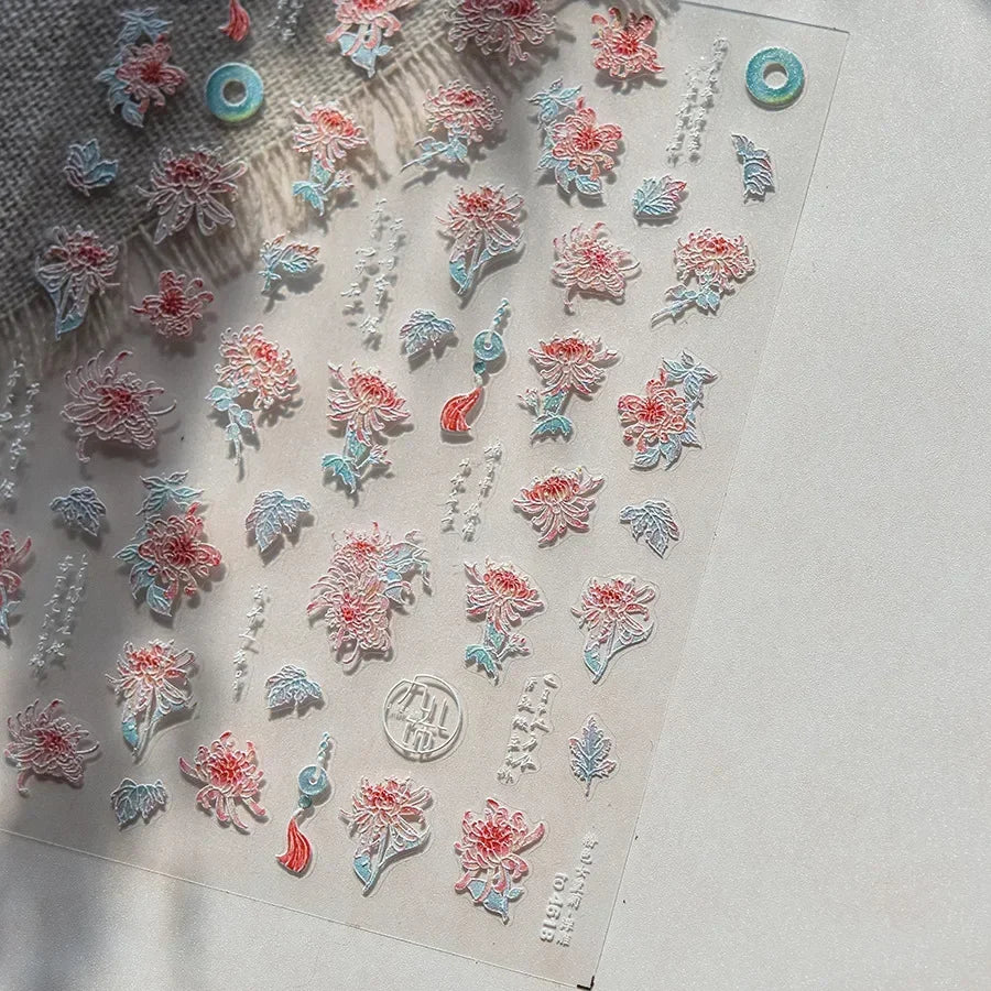 Yellow Autumn Osmanthus Flower Chrysanthemum Butterfly 5D Nail Art Sticker Chinese Character Vase Relief Adhesive Manicure Decal