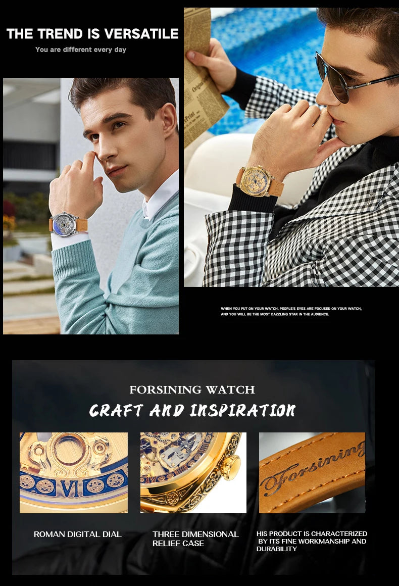 Forsining Royal Retro Skeleton Automatic Mechanical Watch for Men Leather Strap Business Casual Mens Watches Top Brand Gifts New