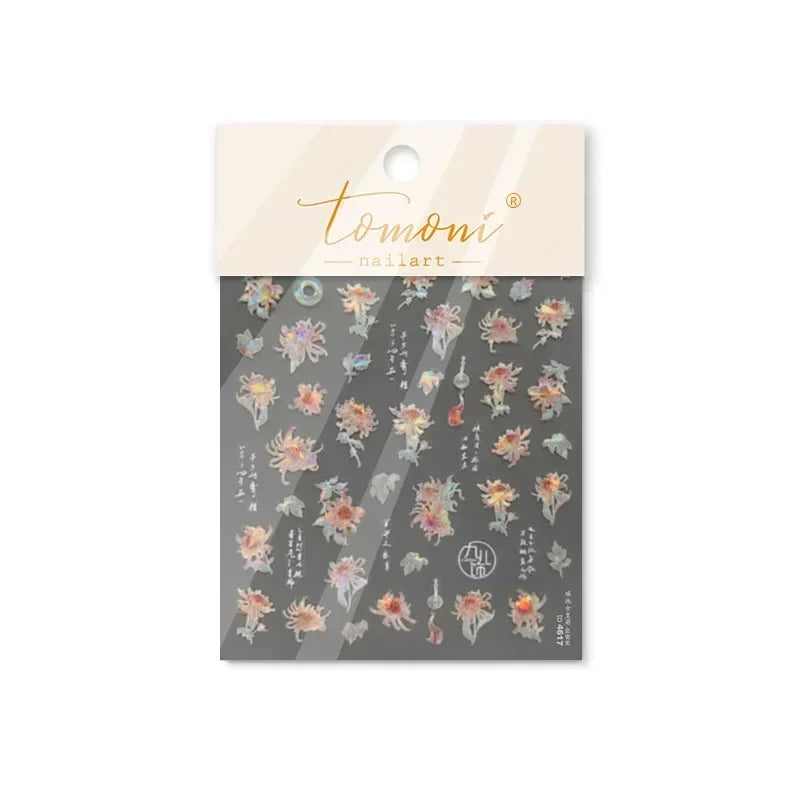 Yellow Autumn Osmanthus Flower Chrysanthemum Butterfly 5D Nail Art Sticker Chinese Character Vase Relief Adhesive Manicure Decal