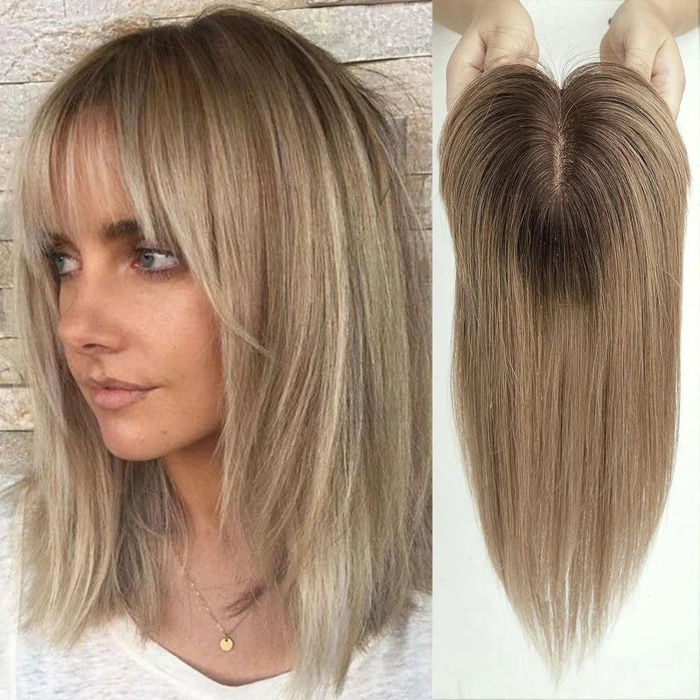 100% Remy Human Hair Toppers for Women Straight Brown Ombre 10inch Human Hair Topper with Bangs Silk Base Clip in Hair Extension