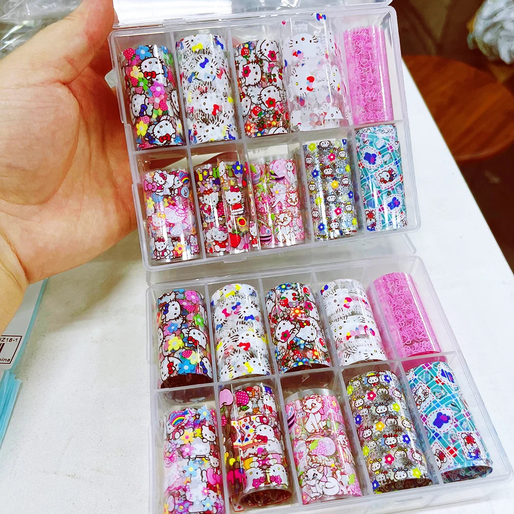 10Rolls Cartoon Hello Kitty Nail Art Transfer Foil Cute Kitty Cat&Kuromi Nail Foil Sticker Y2K Manicure KT Cat Transfer Decal &*