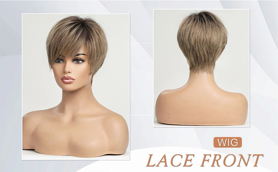Lace Front Wigs Ombre Light Brown Remy Human Hair Ash Brown Pixie Cut Hairs with Bang Short Straight Wig for Women Bob Human Wig