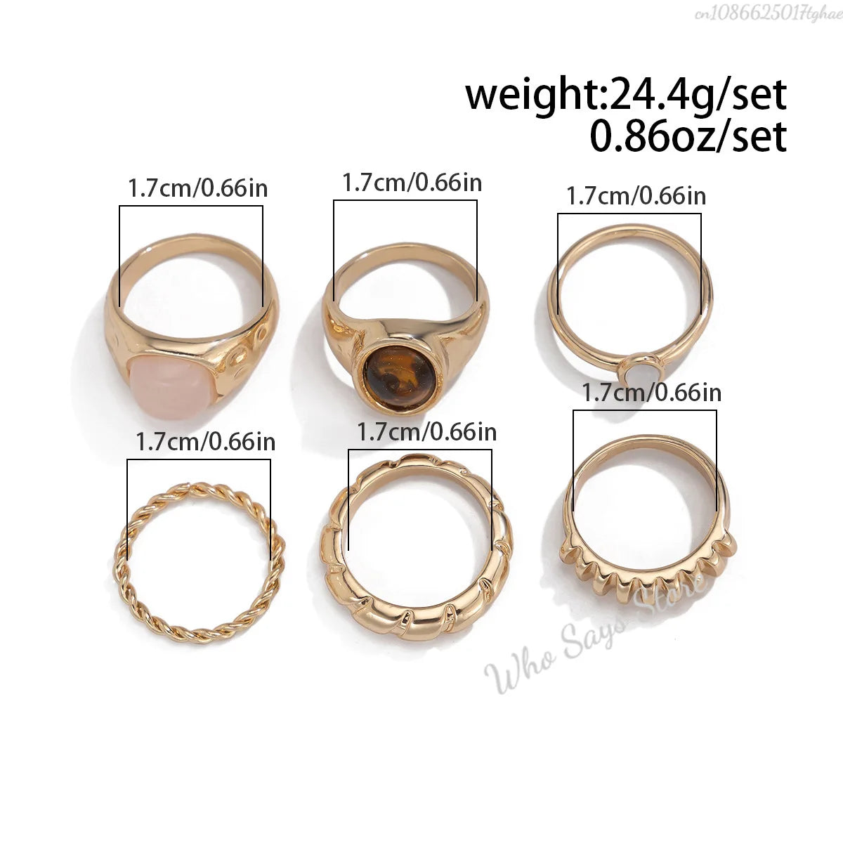 6pcs/set Tide Individuality Retro Geometric Hollowing Inlay Gem Rings SetLiquid State Metal Four-Piece Rings Set Paty Jewelry