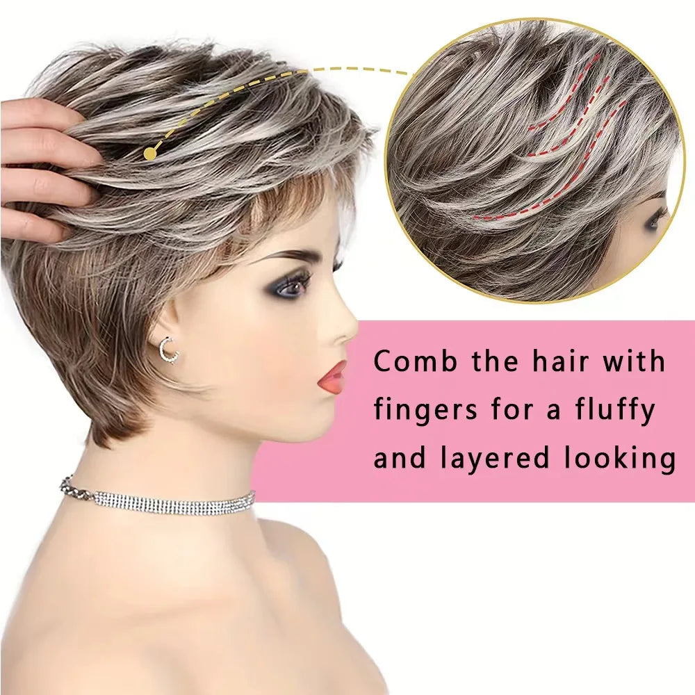 Short Synthetic Wig for Women Mixed Brown And Blonde Hair with Bangs Easy Care Non-Damaging Hairpiece