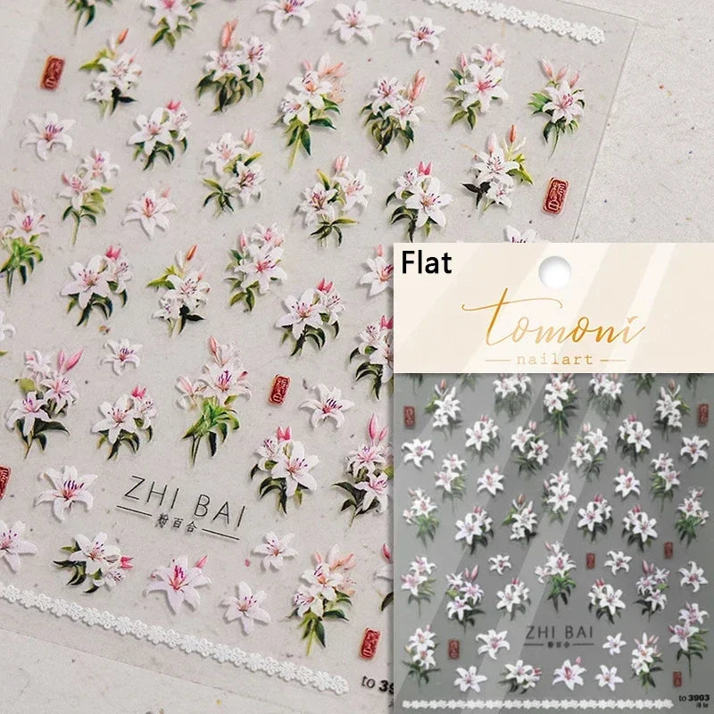 Yellow Autumn Osmanthus Flower Chrysanthemum Butterfly 5D Nail Art Sticker Chinese Character Vase Relief Adhesive Manicure Decal