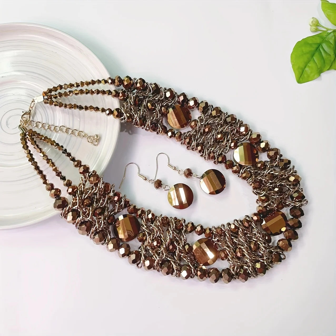1 necklace +1 pair of earrings, 3 rows of artificial crystals, handmade, Bohemian style, perfect for everyday gifts!