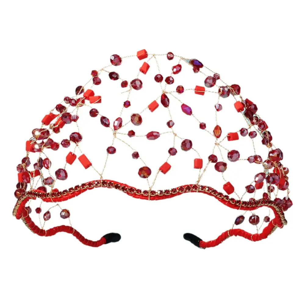 Handmade Crystal Beads Hair Net Crown Wedding Headpieces Hair Jewelry Sparkling Rhinestone Tiara Hair Hoop Elegant Headbands
