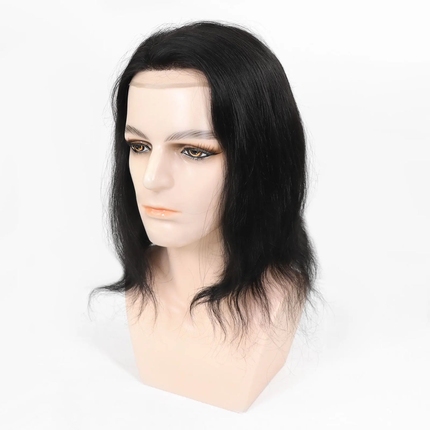 12Inch Long Hair Prosthesis Lace Front PU Toupee for Men Human Hair Natural Hairline Man's Wig Replacement System Black Brown