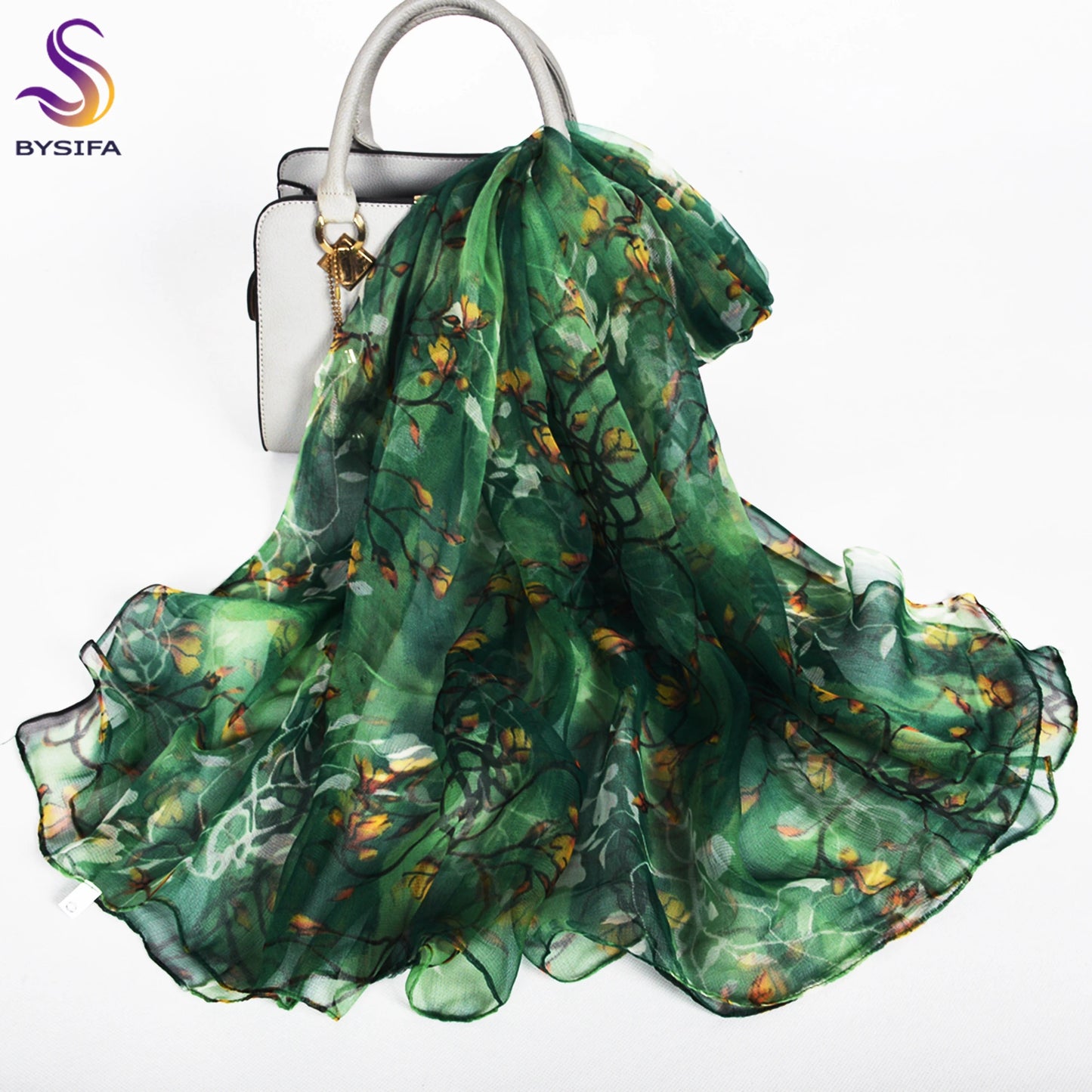 [BYSIFA] Red Black Women Long Silk Scarf Printed 170*105cm Fashion Leaves Pattern Brand 100% Pure Silk Shawl For Spring Autumn