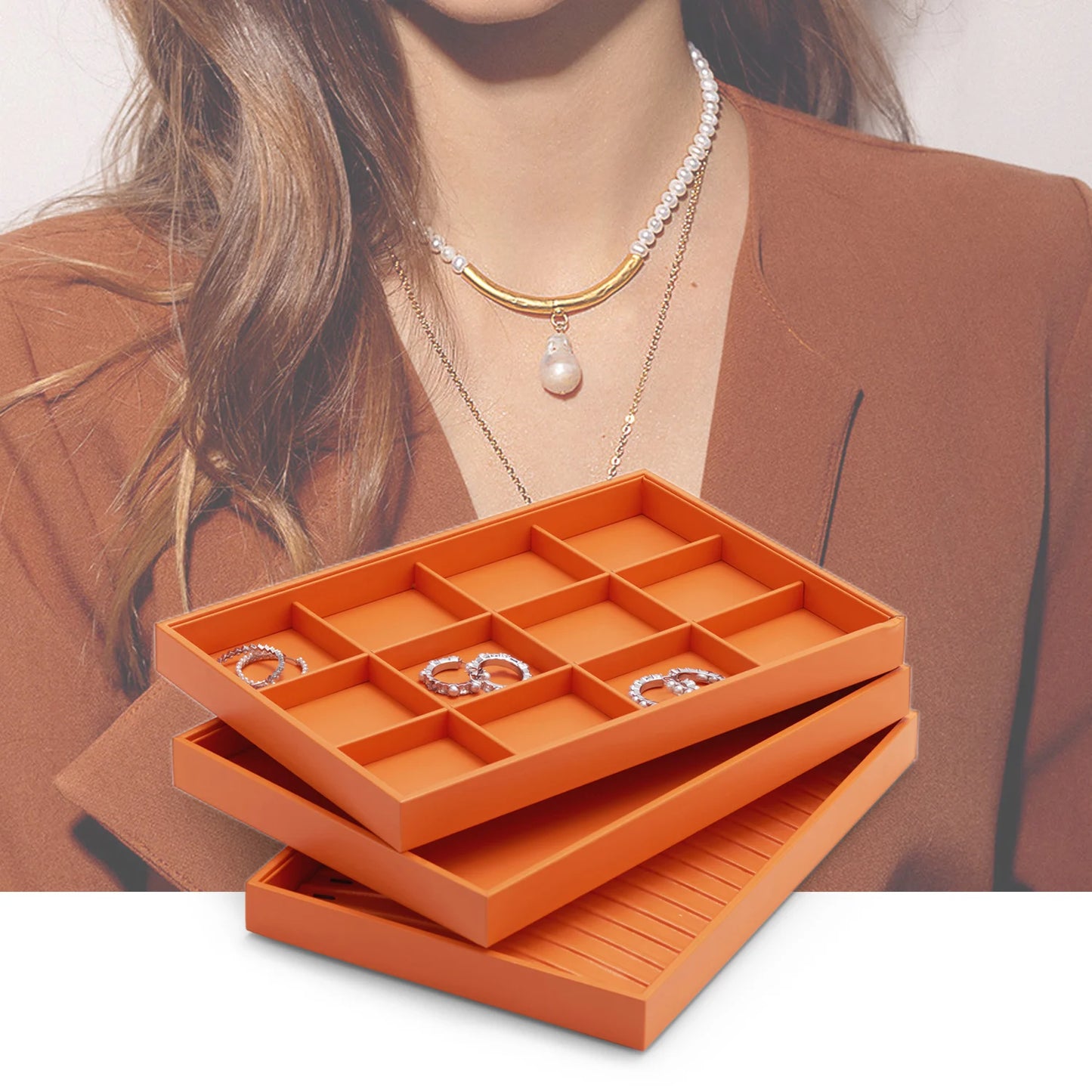 Oirlv New Luxury Orange Leather Stackable Jewelry Tray Jewelry Drawer Organizer Trays Rings Earrings Storage Display Props