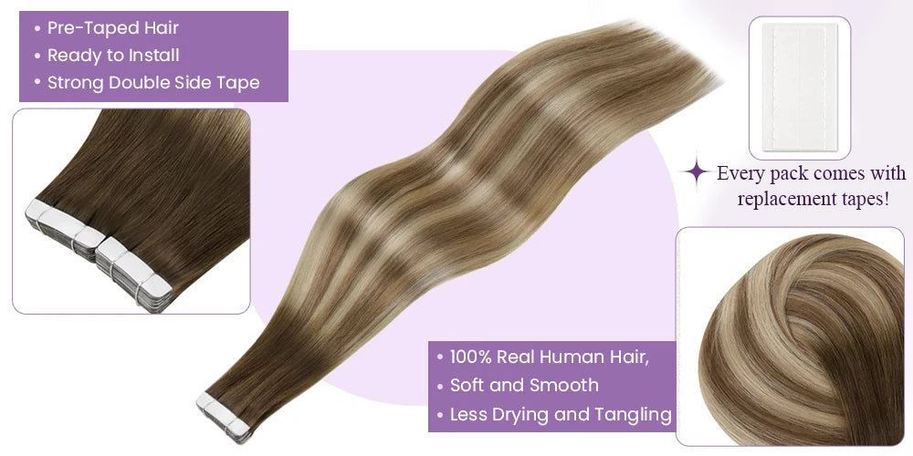 Laavoo Remy Tape in Hair Extensions 100% Real Human Hair Straight Natural 12-24inch 20pcs&40pcs Double Sided PU Skin Weft Hair