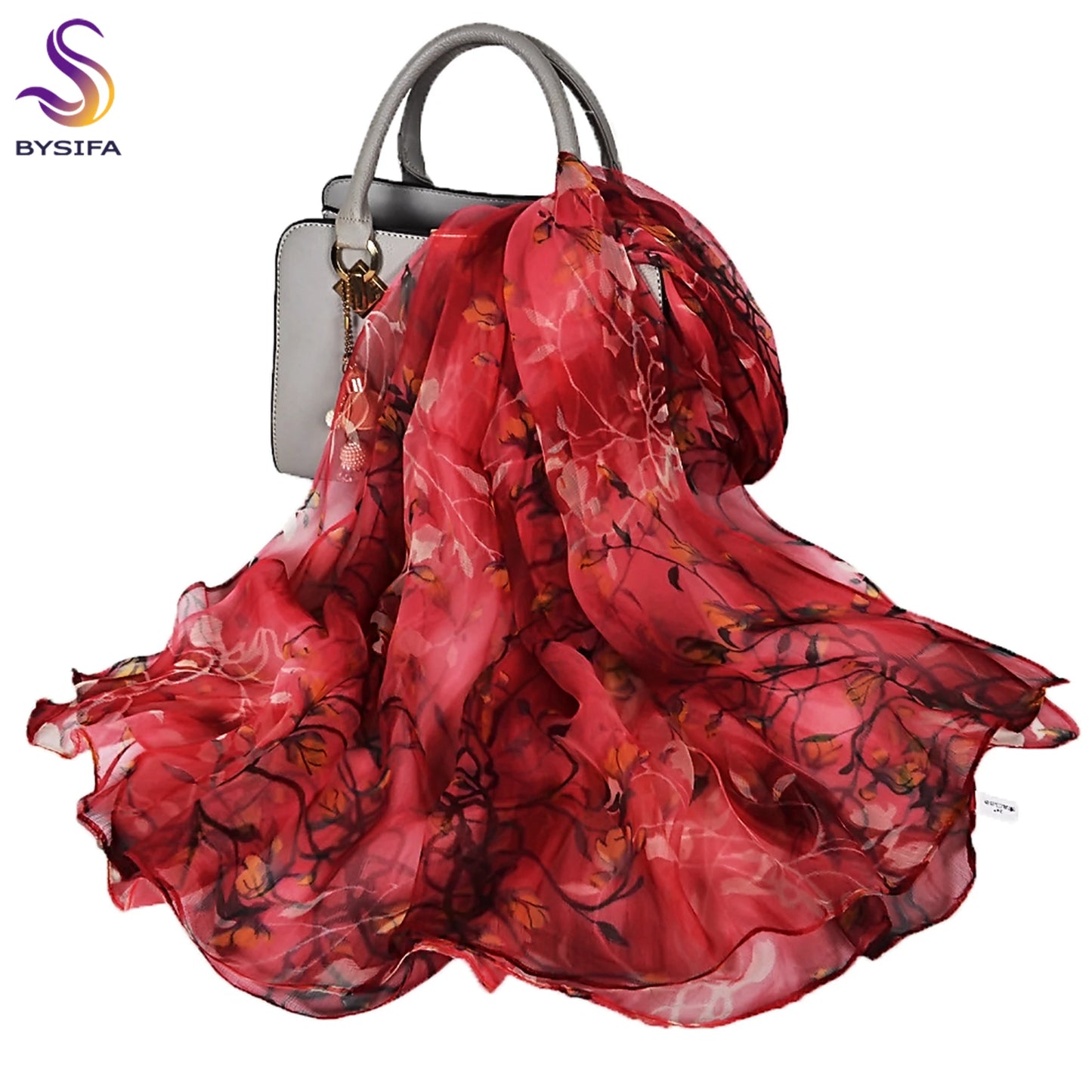 [BYSIFA] Red Black Women Long Silk Scarf Printed 170*105cm Fashion Leaves Pattern Brand 100% Pure Silk Shawl For Spring Autumn