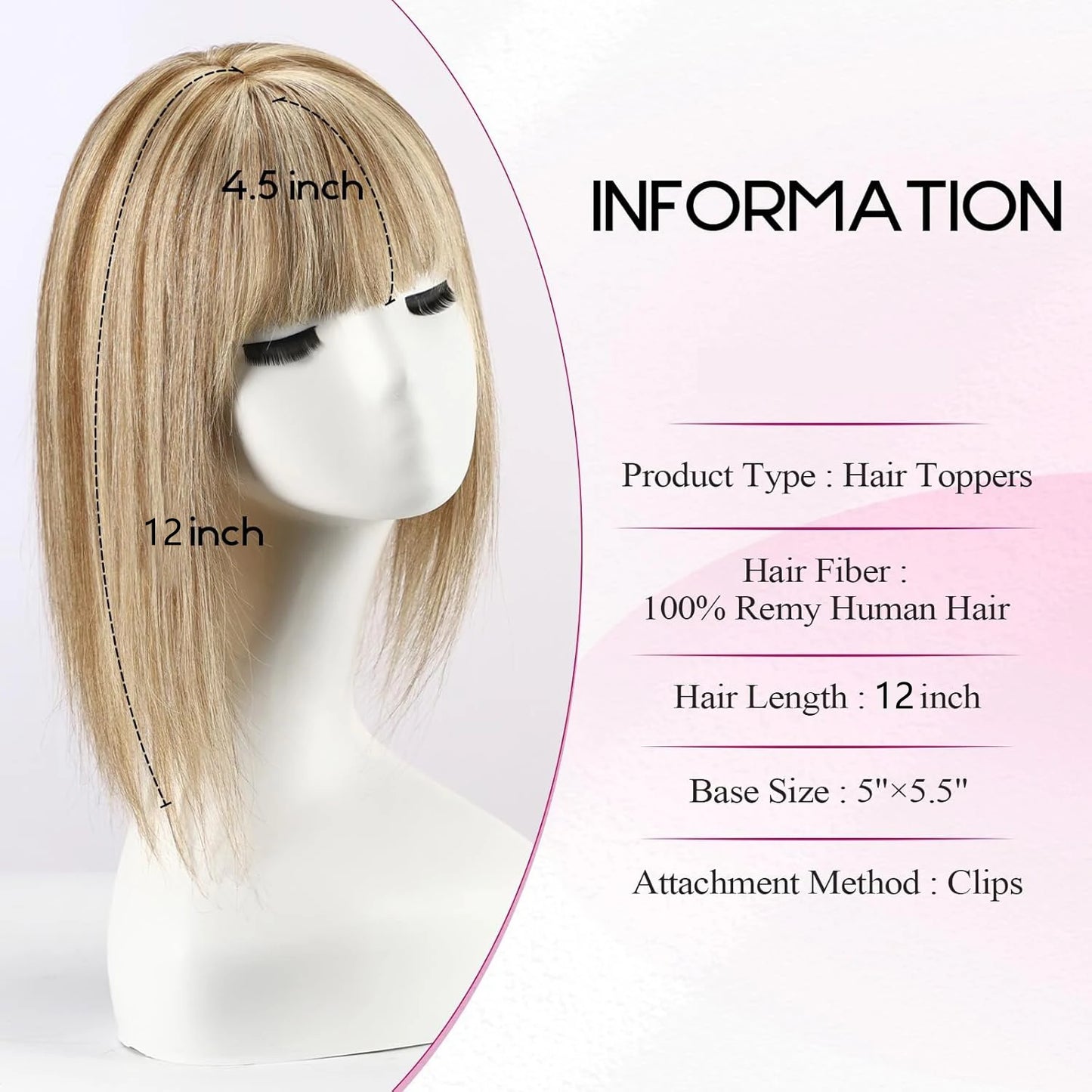 Brown Mixed Blonde Human Hair Topper with Bangs Natural Silk Straight Clip in Hair Extensions for Women with Thinning Hair 12 In