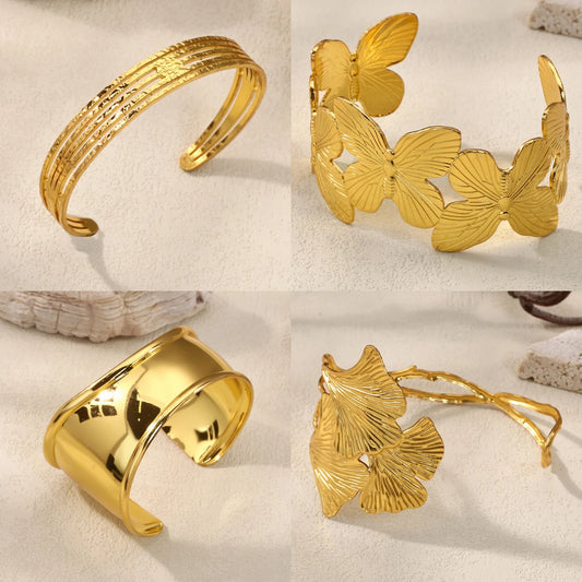 Classic Texture Geometric Open Bangle Bracelet For Women Stainless Steel Gold Color Exquisite Cuff Bracelet 2025 Hand Jewelry
