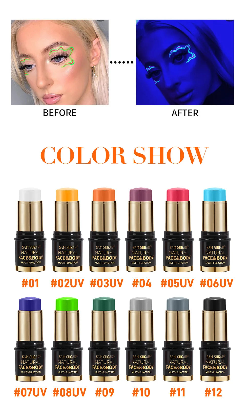 12-Colors Black White Halloween Makeup Waterproof Face & Body Paint Stick Neon Colorful Blue Green Yellow Face Paint Cosmetics