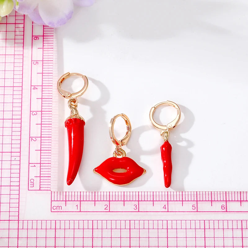 3Pair Sexy Red Lips Hot Pepper Earrings Set For Women Metal Enamel Trendy Creative Chili Mini Circle Hoop Earring Party Jewelry