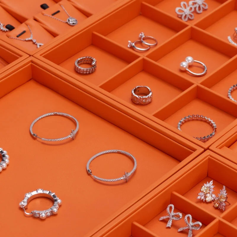 Oirlv New Luxury Orange Leather Stackable Jewelry Tray Jewelry Drawer Organizer Trays Rings Earrings Storage Display Props