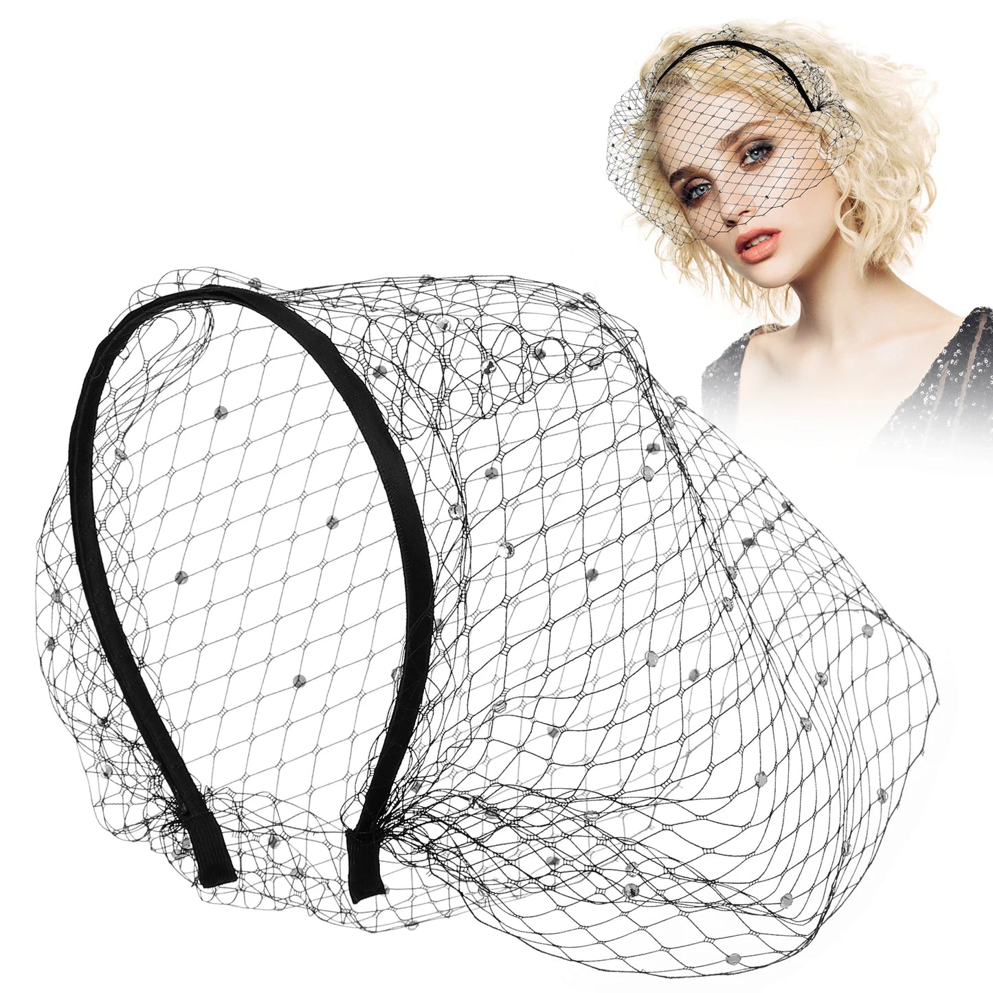 Headband Veil Fascinator - Black Mesh Birdcage Bridal Hair Accessory