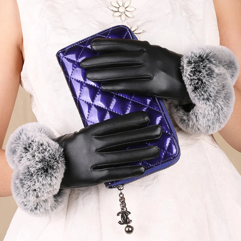 1 Pair Women Winter Warm Gloves Women Lady Black Leather Gloves Autumn Winter Warm Rabbit Fur Mittens Warmth Warmer Mittens