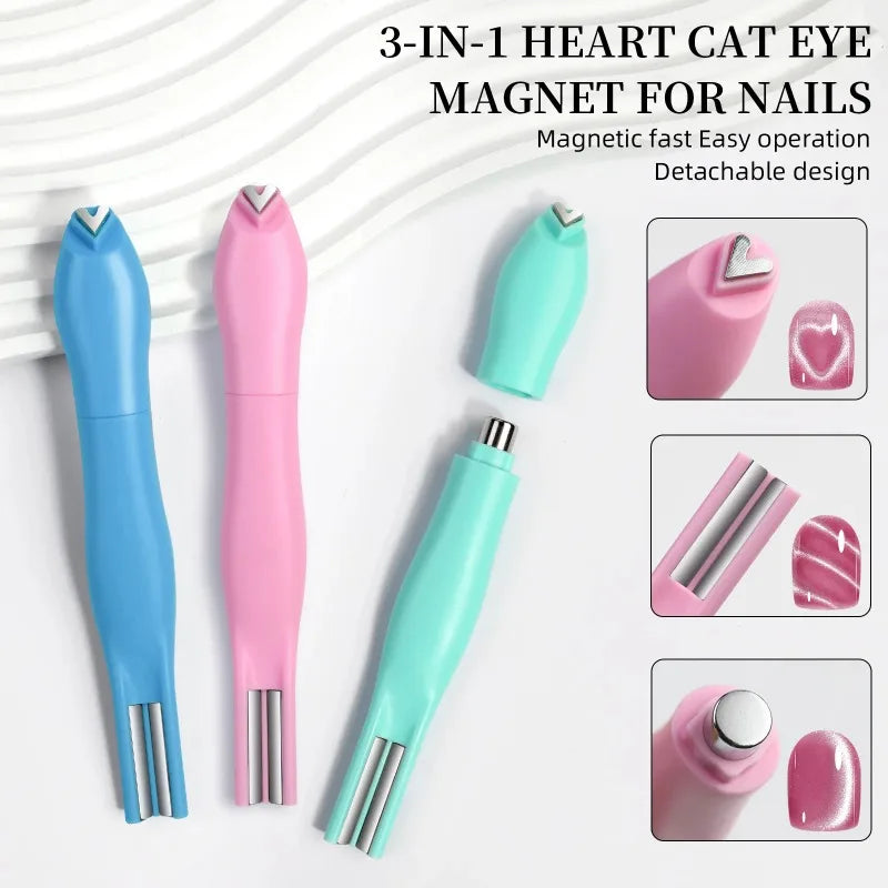 1Pcs 3-In-1 Heart Shape Cat Eye Nail Art Magnet Double Line Moon Snake Pattern French Nail Magnetic Pen Gel Polish Manicure Tool