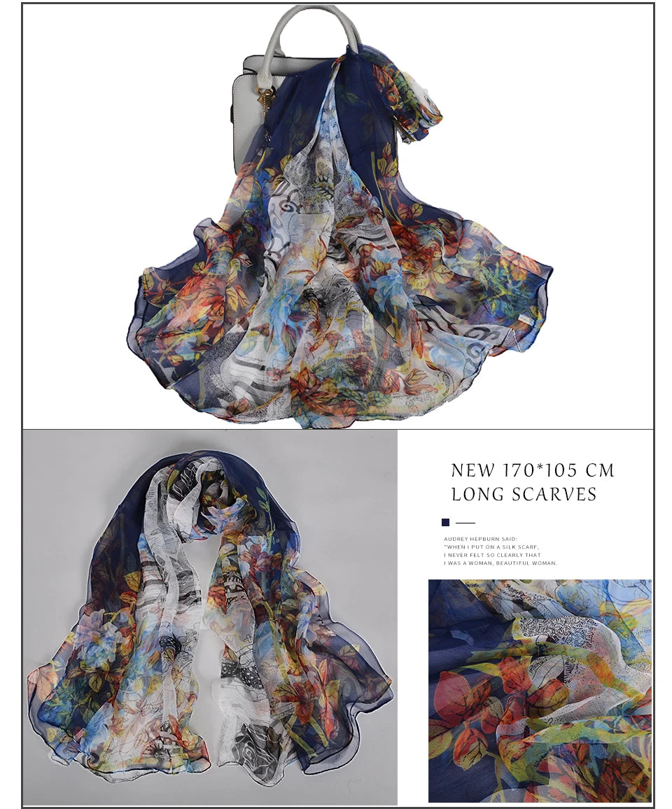 [BYSIFA] Red Black Women Long Silk Scarf Printed 170*105cm Fashion Leaves Pattern Brand 100% Pure Silk Shawl For Spring Autumn