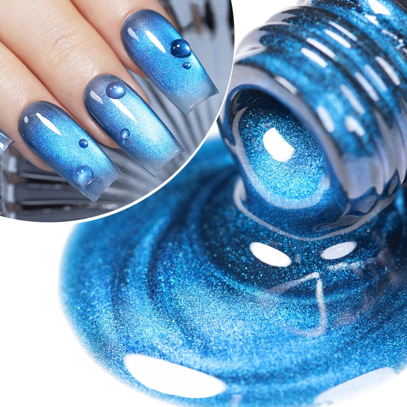 AWStorG 7.5ml Ocean Ripple Cat Eye Gel Kit Shiny Blue Green Glitter Cat Magnetic Gel Nail Polish Soak Off UV Nail Art Varnish
