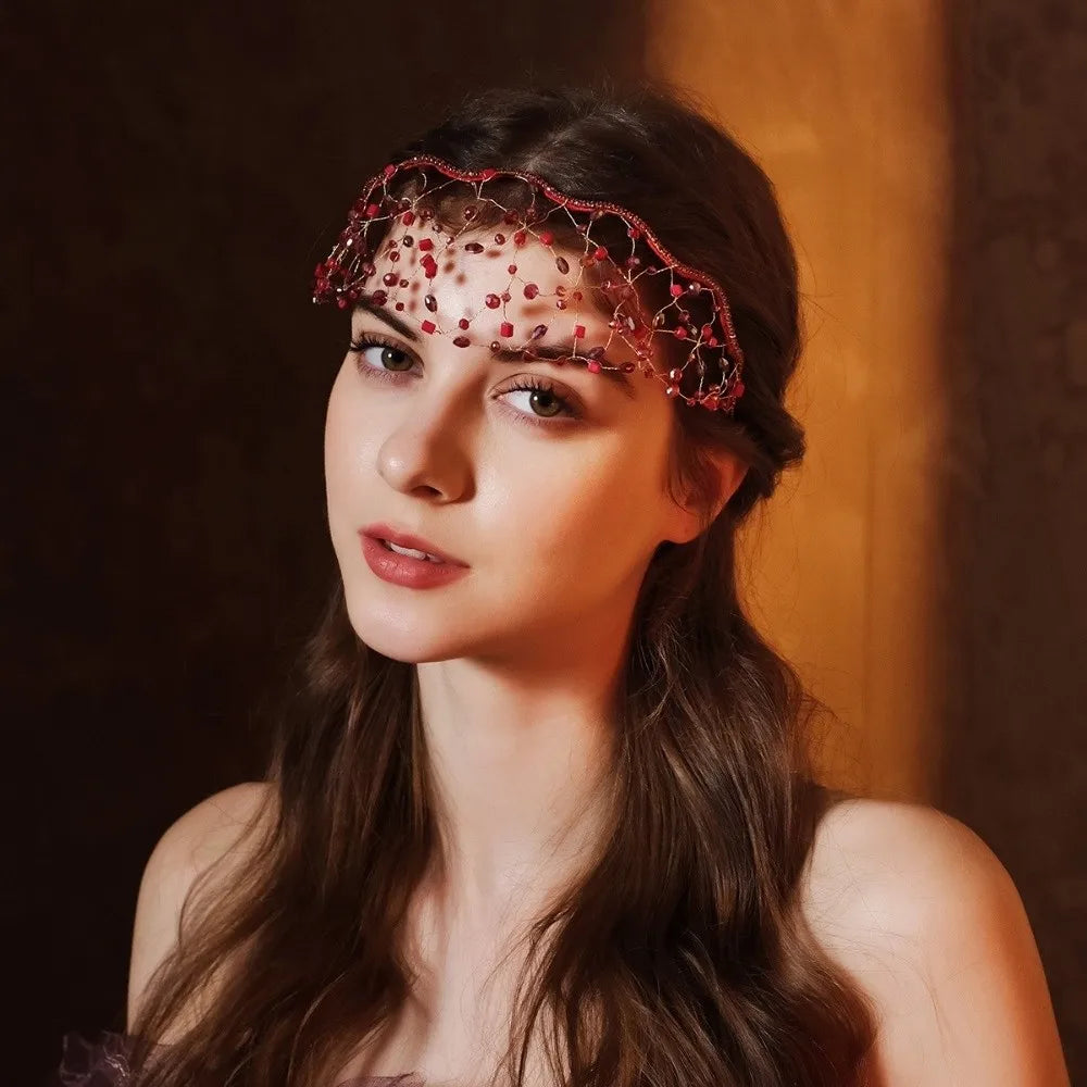 Handmade Crystal Beads Hair Net Crown Wedding Headpieces Hair Jewelry Sparkling Rhinestone Tiara Hair Hoop Elegant Headbands