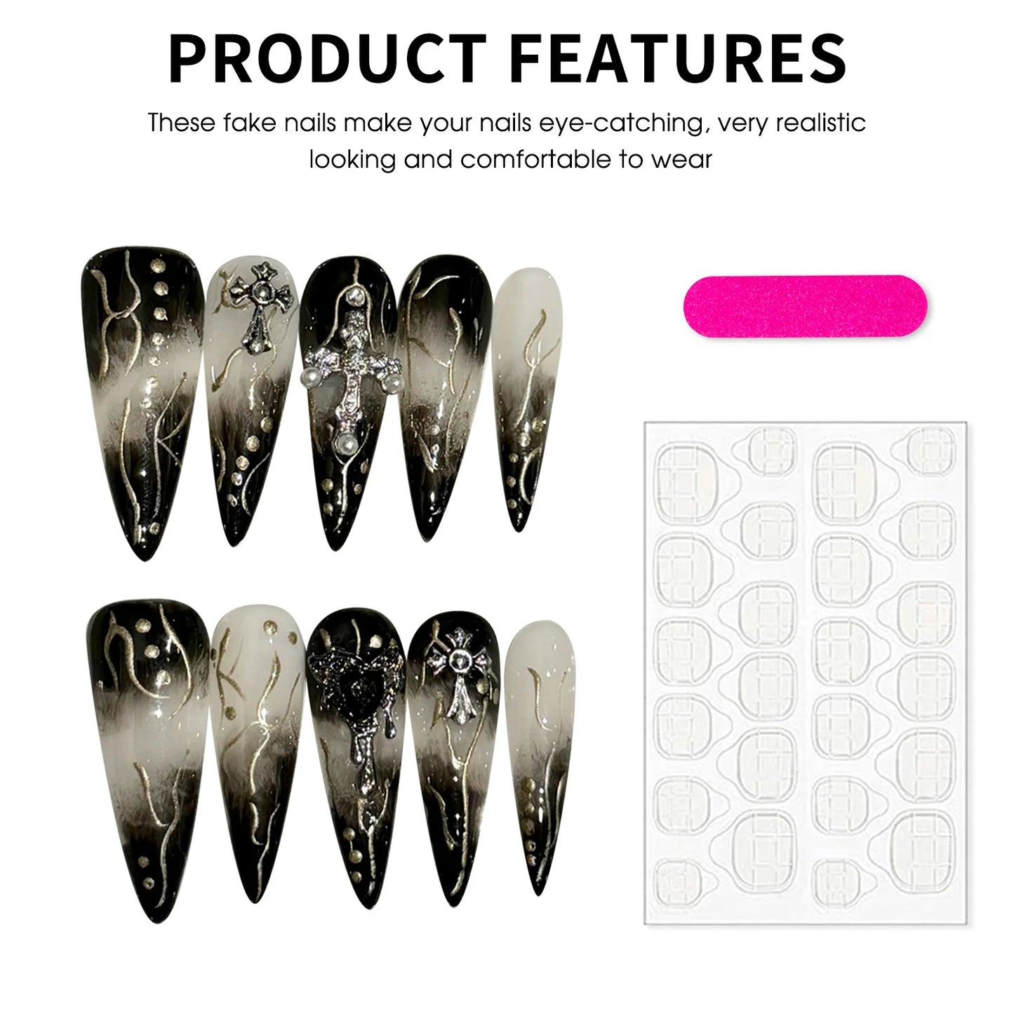 Long Almonds French False Nails Design with Cross Charm Elegant Black Nail Tips for DIY At-Home Manicure