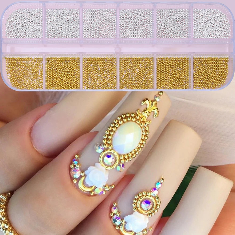 12 Grids 3D Golden Silvery Half Round Caviar Bead Nail Charms 1-5mm Flatback Micro Balls Punk Nail Beads DIY Manicure Beads Deco