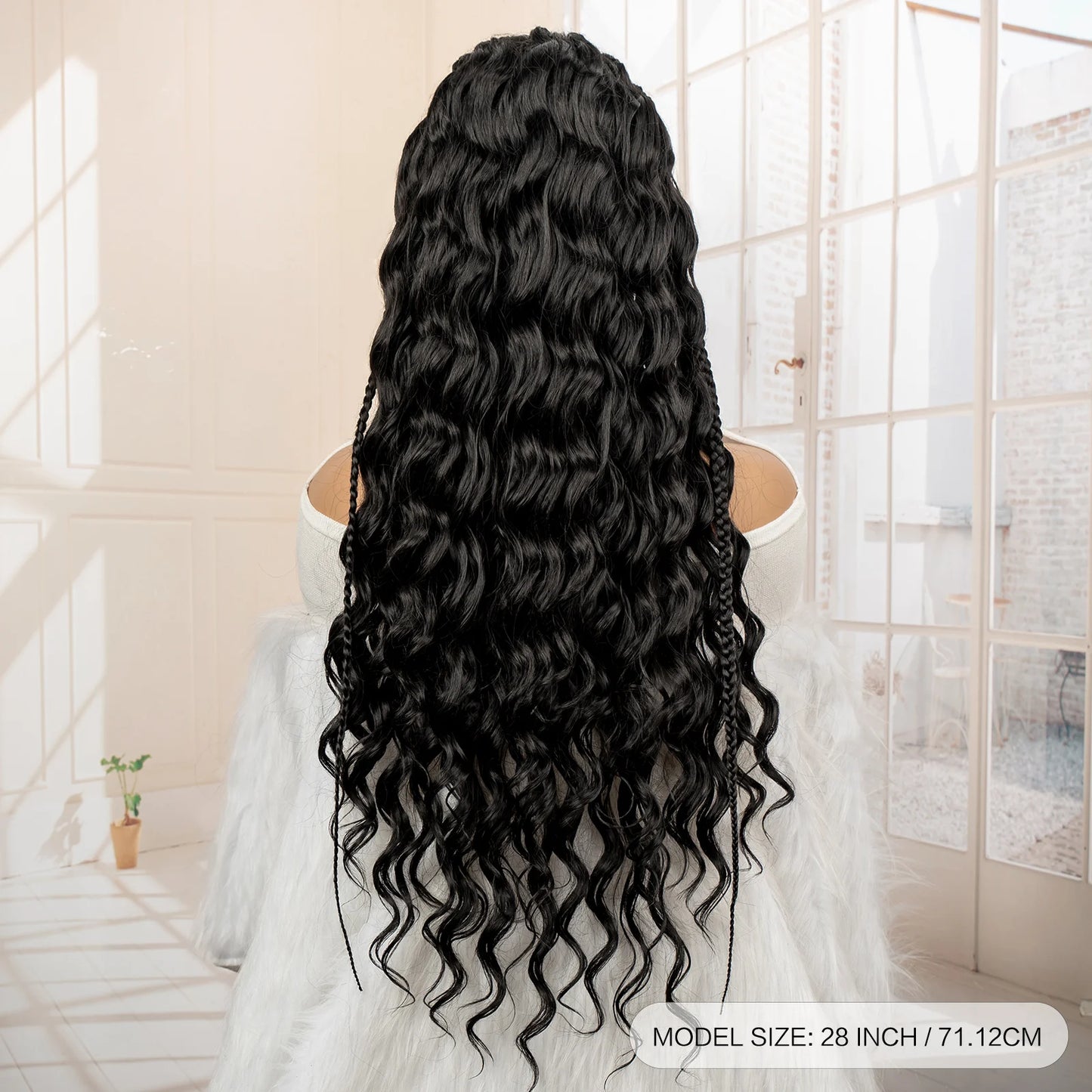 Synthetic Black Hair Wig with Braids for Women 28 Inch Wavy Natural Looking Synthetic Heat Resistant Fiber Wig for Daily Use