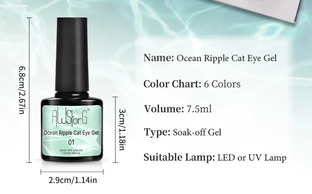 AWStorG 7.5ml Ocean Ripple Cat Eye Gel Kit Shiny Blue Green Glitter Cat Magnetic Gel Nail Polish Soak Off UV Nail Art Varnish