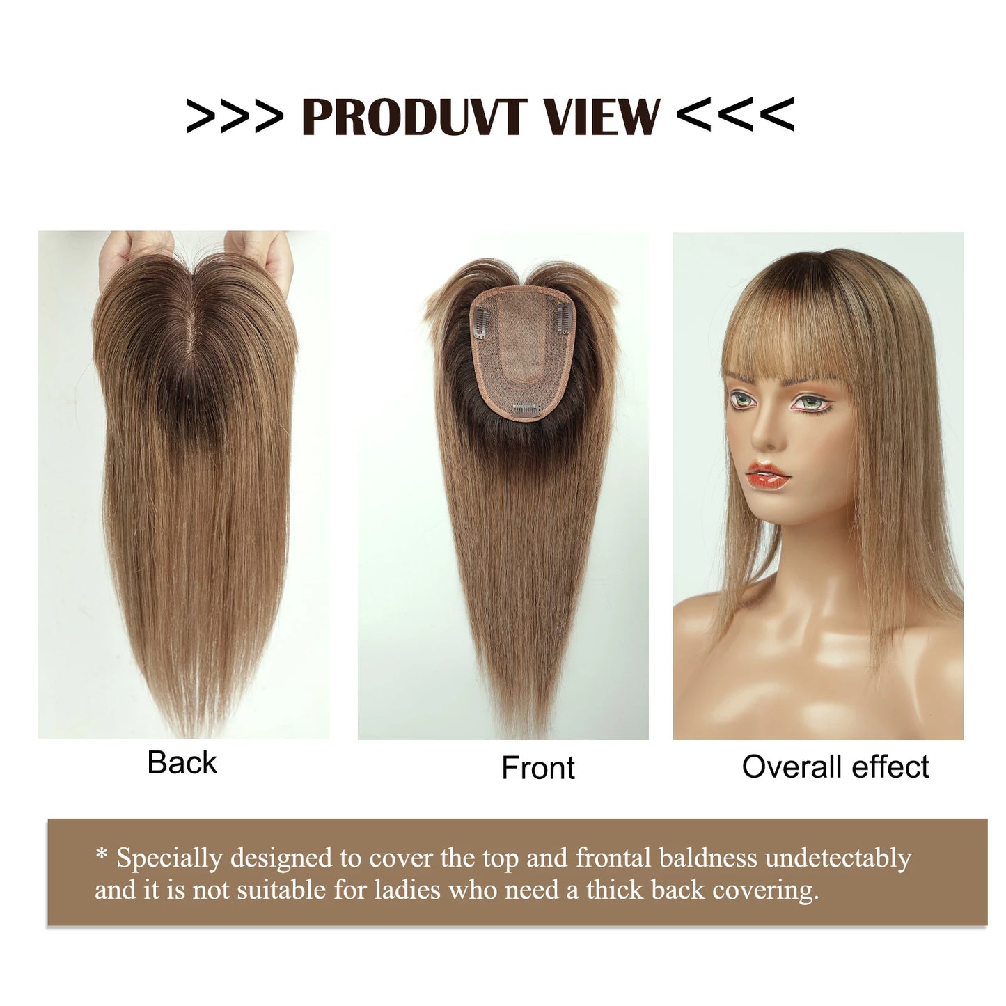Brown Blonde Ombre 14 Inch Silk Base Human Hair Topper Remy Hair Clip In Top Piece for Women with Bangs Extensions for Thinning