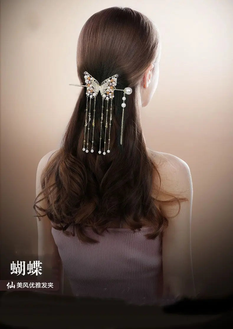 Luxury Pearl Butterfly Hairpin - Colored Alloy Hair Clip with Tassels