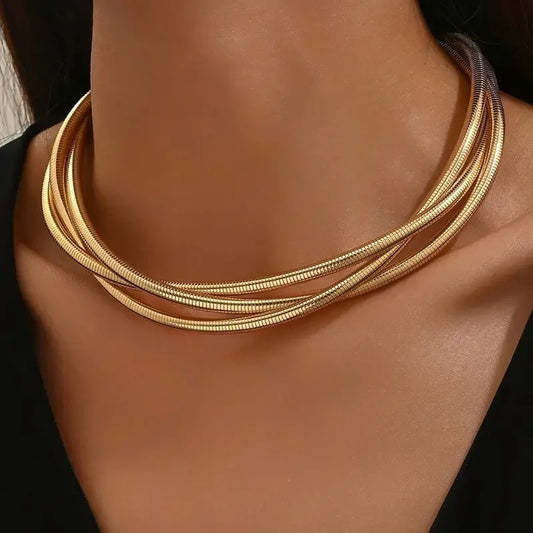 Minar Punk Twisted Three Layers Snake Chain Necklace for Women Man Unisex 18K Gold Silver Mix Color Metal Herringbone Chokers