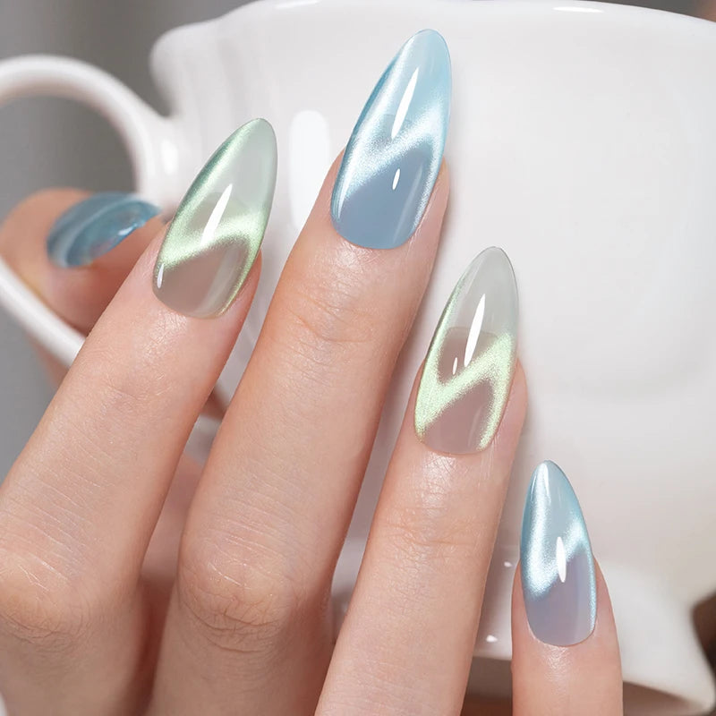 AWStorG 7.5ml Ocean Ripple Cat Eye Gel Kit Shiny Blue Green Glitter Cat Magnetic Gel Nail Polish Soak Off UV Nail Art Varnish