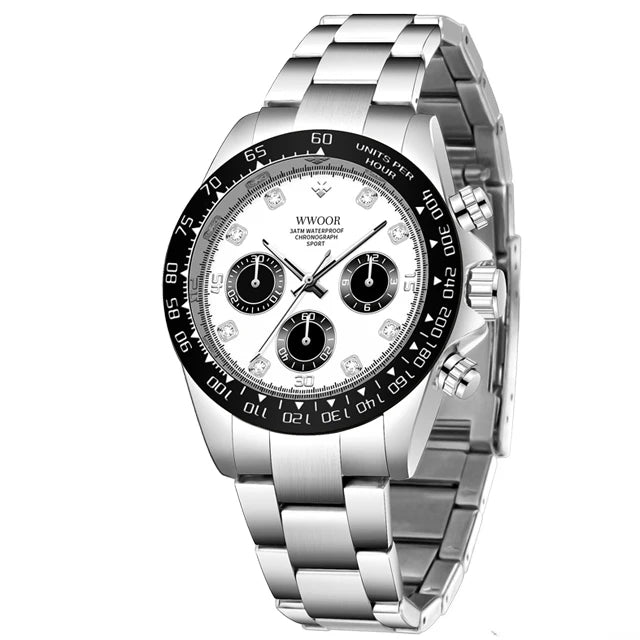 WWOOR 2024 New Mens Watches Top Brand Quartz Japanese Chronograph Stopwatch Waterproof Stainless Wristwatches Relogio Masculino